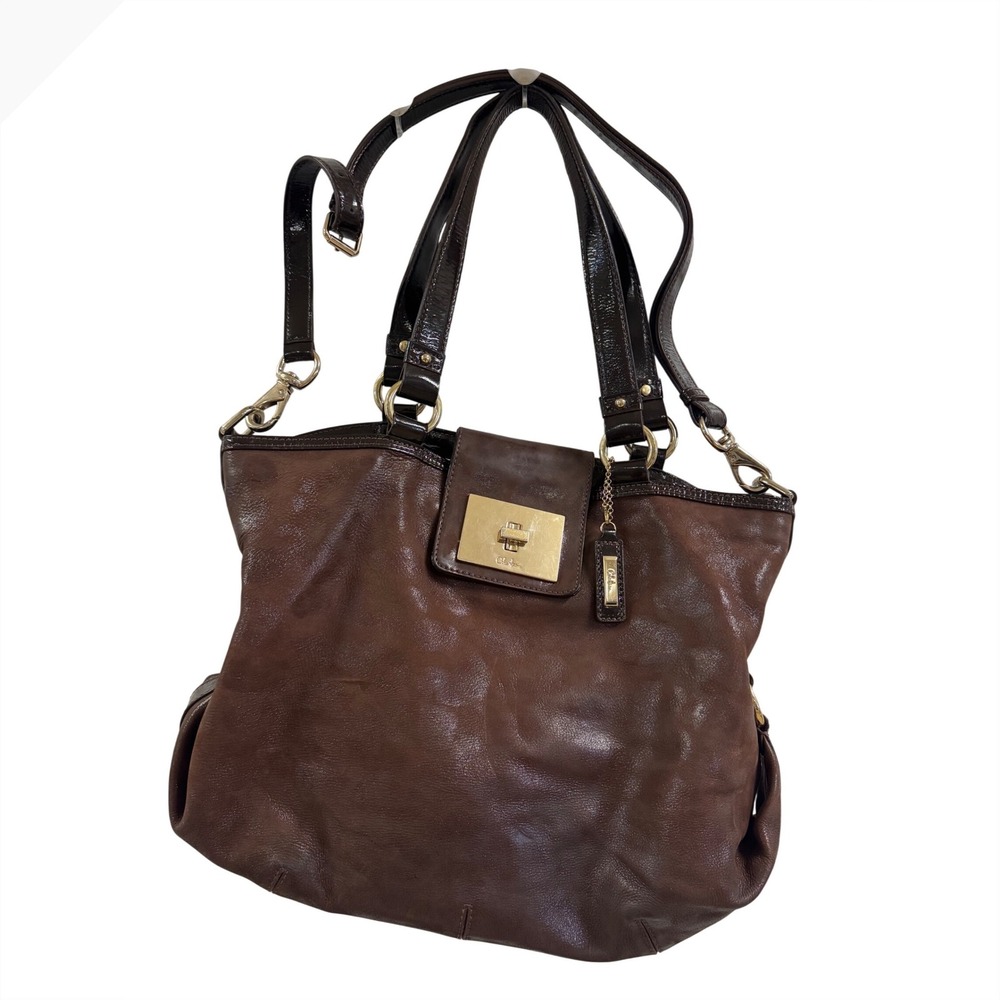 Cole Haan Brown Leather Hobo Bag Patent Trim Crossbody Shoulder Handbag GoldTone - Picture 1 of 8